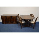 AN OAK GATE LEG TABLE, four ladder back chairs together with an oak sideboard (6)