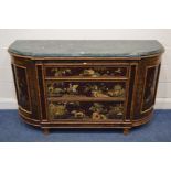 A JAPANNED SIDEBOARD, incorporating older timbers, chinoiserie decoration, with a green veined