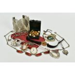 AN ASSORTED SELECTION OF COSTUME JEWELLERY, to include a wide white metal cuff bangle, a white metal