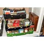 FOUR BOXES AND LOOSE SUNDRY ITEMS ETC, comprising advertising tins - OXO, St Bruno Flake, Sellotape,