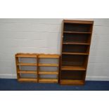 A G PLAN TEAK OPEN BOOKCASE, width 75cm x depth 31cm x height 183cm and a pair of pine bookcases (