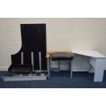 A MODERN OAK FINISH TOP COMPUTER DESK, together with a dismantled corner desk and another desk (3)