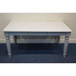 A WHITE MARBLE TOPPED AND GREY PAINTED KITCHEN TABLE, with a single drawer, length 161cm x depth