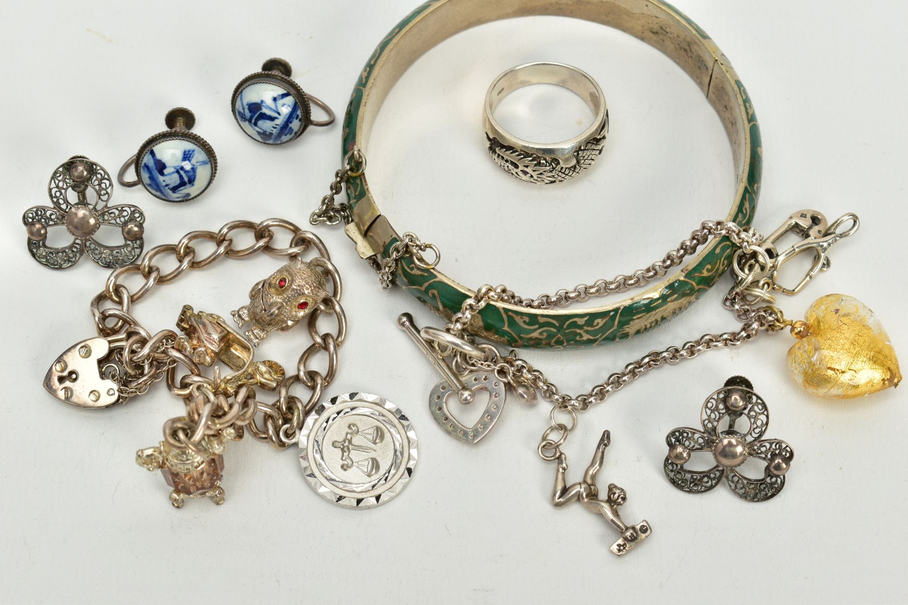 A SELECTION OF JEWELLERY, to include a silver charm bracelet, suspending four white metal charms - Image 2 of 4