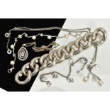 A COLLECTION OF WHITE METAL ASSORTED JEWELLERY ITEMS to include a large feature curb link cubic