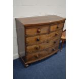 VICTORIAN MAHOGANY BOWFRONT CHEST OF TWO SHORT OVER THREE LONG DRAWERS, on baluster legs, width