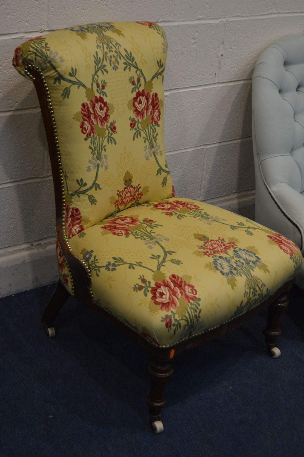 TWO LATE VICTORIAN CHAIRS, one with a scrolled back, the other button back, and a Lloyd Loom bedroom - Image 2 of 4