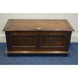 AN EARLY 20TH CENTURY OAK BLANKET CHEST, width 91cm x depth 43cm x height 44cm and an oak tilt top