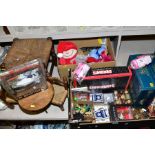 TWO BOXES OF BOARD GAMES, PUZZLES, SOFT TOYS, DOLL'S FURNITURE, etc, including wooden puzzles, two