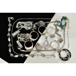 A COLLECTION OF WHITE METAL ASSORTED JEWELLERY ITEMS, to include six gemset rings, cubic zirconia,