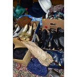 FIVE BOXES OF LADIES HATS, BAGS, SHOES, BELTS, GLOVES, etc, including an early 20th Century parasol,