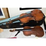 TWO VIOLINS, with a hardcase, both are one piece and in need of attention, together with loose