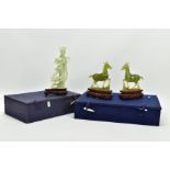 THREE CARVED GREEN HARDSTONE FIGURES AND BOXES, to include a carved oriental figure of a lady,