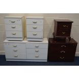 A MODERN WHITE LOW CHEST OF SIX DRAWERS, matching pair of bedsides and two mahogany finish chest