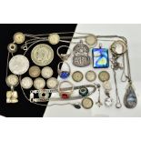 AN ASSORTED SELECTION OF JEWELLERY AND ITEMS, to include a silver A.R.P. Button medal, hallmarked