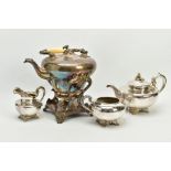 A VICTORIAN SILVER PLATED TEA KETTLE ON STAND WITH A THREE PIECE TEA SET, the kettle of melon