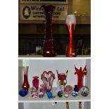 A COLLECTION OF 20TH CENTURY COLOURED GLASSWARE, including ten modern paperweights, some