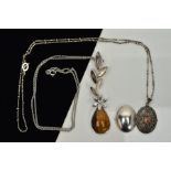 TWO SILVER PENDANT NECKLACES, the first designed with a tiger eye and mother of pearl floral drop