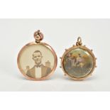 TWO DOUBLE SIDED PENDANTS, the first of a rose gold circular design, two photos within a plain