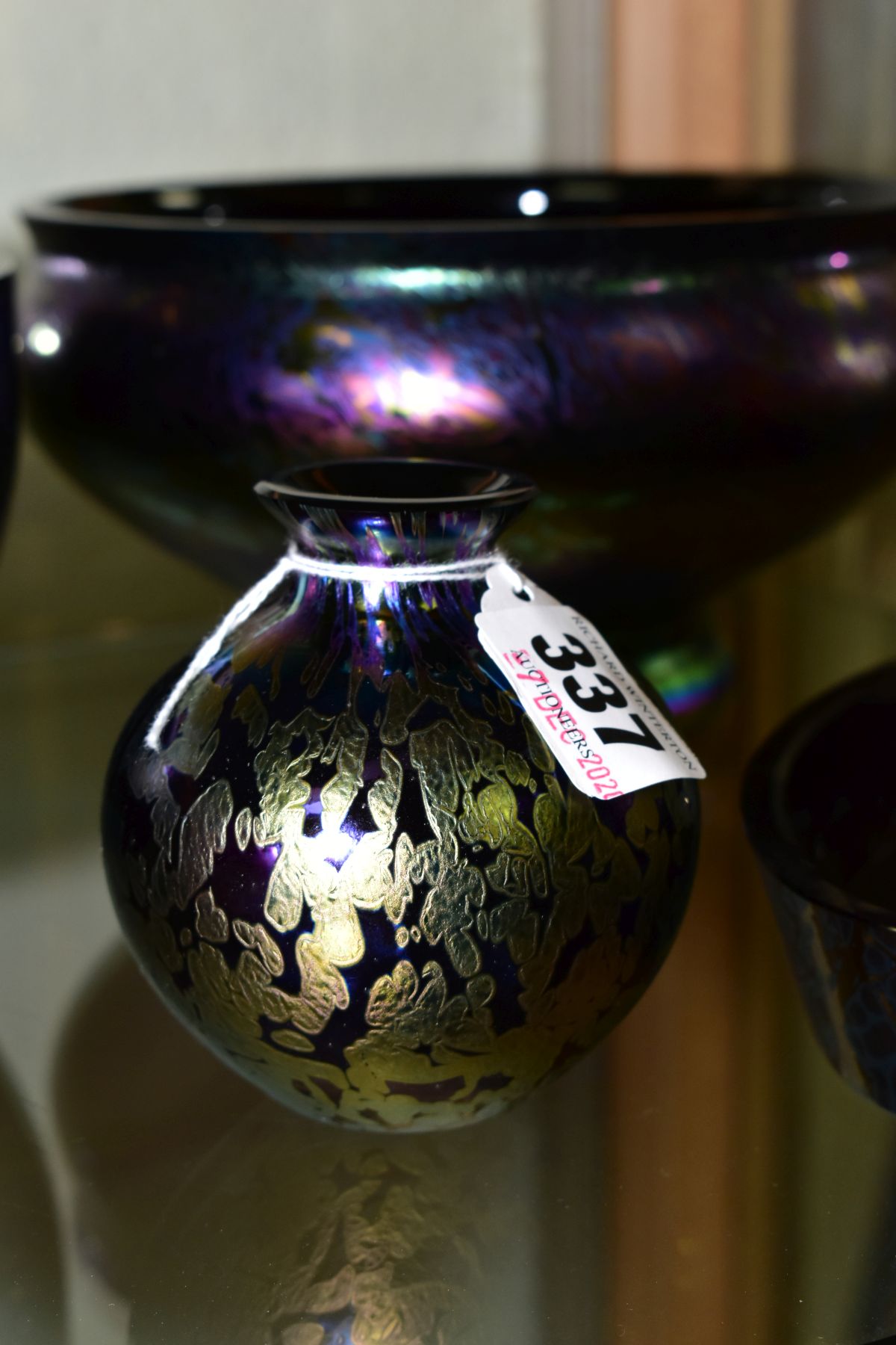 A ROYAL BRIERLEY STUDIO IRIDESCENT PURPLE VASE, of squat baluster form, etched mark to base, - Image 3 of 11