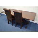 A MAHOGANY REFECTORY TABLE, length 214cm x depth 108cm x height 78cm and two brown leather chairs (