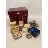 A WOODEN JEWELLERY BOX AND OTHER BOX WITH CONTENTS, a dark wooden, multi draw jewellery box with