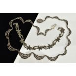 A MARCASITE NECKLACE AND BRACELET, the necklace designed with seventeen openwork marcasite drapped