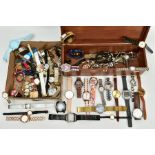 TWO BOXES OF LADIES AND GENTS WRISTWATCHES AND ITEMS, to include a wooden box containing mostly