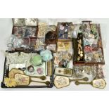 THREE TRAYS OF ITEMS, to include two wooden handled trays with various bags of vintage buttons and