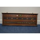 A THURSTON & CO LONDON OAK BILLIARDS/SNOOKER SCOREBOARD, 111cm x 39cm