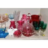 A GROUP OF CRANBERRY GLASS AND OTHER GLASSWARE, including a Mary Gregory style vase, height 17cm,