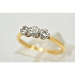 A MID 20TH CENTURY THREE STONE DIAMOND RING, estimated brilliant cut weight 0.45ct, colour assessed