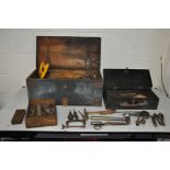 A WOODEN TOOL CHEST AND CASE CONTAINING UPHOLSTERERS TOOLS including tack hammers, scissors, shears,