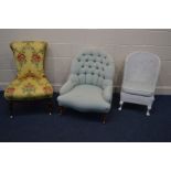 TWO LATE VICTORIAN CHAIRS, one with a scrolled back, the other button back, and a Lloyd Loom bedroom