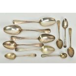 A SMALL PARCEL OF SILVER FLATWARE, to include three Hanoverian pattern, silver tablespoons, one with