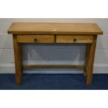 A SOLID GOLDEN OAK SIDE TABLE, with two frieze drawers, on four chamfered legs, width 110cm x