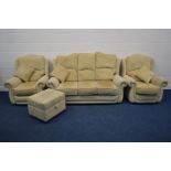 A BEIGE UPHOLSTERED FOUR PIECE LOUNGE SUITE, comprising a three seater settee, pair of armchairs and