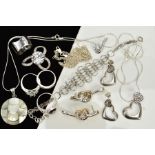 A COLLECTION OF WHITE METAL ASSORTED JEWELLERY ITEMS, to include a mother of pearl pendant, a