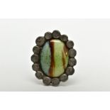 A BENT LARSEN DESIGNS PEWTER PENDANT, of an oval form, set with an imitation agate cabochon of green