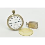 AN OPENFACED MIITARY POCKET WATCH AND PILL BOX, the pocket watch with white dial signed 'Moise