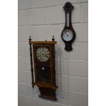 A 19TH CENTURY ROSEWOOD MARQUETRY INALID WALL CLOCK, height 93cm together with an oak aneroid