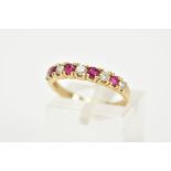 A 9CT GOLD DIAMONDS AND RUBY HALF ETERNITY RING, set with five round brilliant cut diamonds