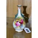 A SMALL ROYAL WORCESTER HADLEYS BUD VASE, H288, hand painted roses on ivory ground, pierced