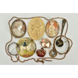 A SELECTION OF ITEMS, to include two gold plated cameo panels one depicting a lady in profile within