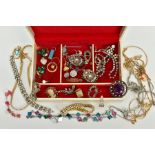 A JEWELLERY BOX OF COSTUME JEWELLERY, to include pieces such as a gold plated Victorian sweetheart