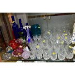 A GROUP OF COLOURED AND CUT GLASSWARES, to include blue and white cased vase, cut to clear, height