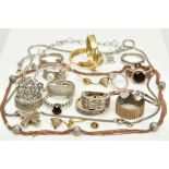 A SELECTION OF JEWELLERY, to include a pair of gold tone, colourless stone set hoop earrings,