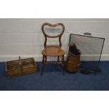 A VINTAGE WOODEN FRUIT CRATE, a copper coal scuttle, fire screen, shovel and brush and a cane seated