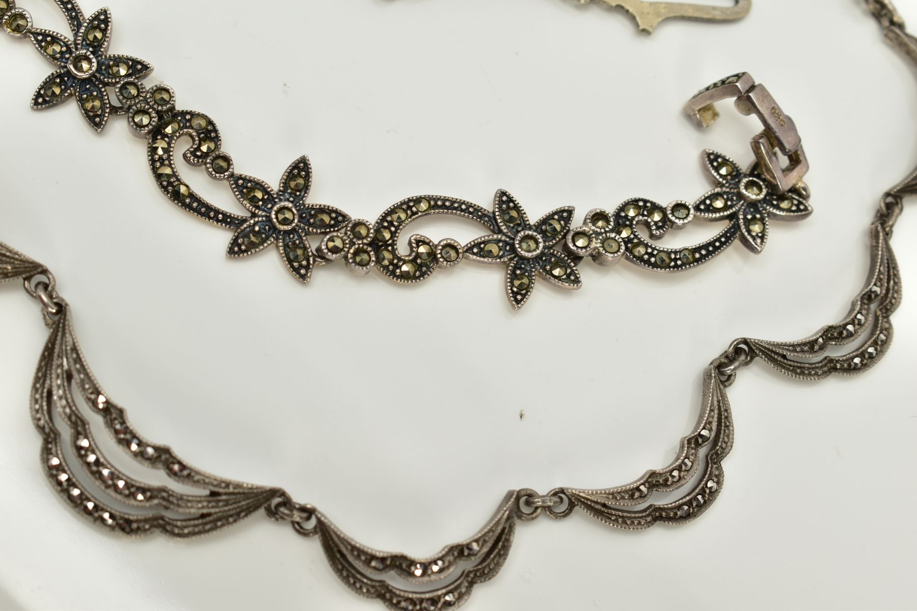 A MARCASITE NECKLACE AND BRACELET, the necklace designed with seventeen openwork marcasite drapped - Image 3 of 3