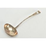 A GEORGE III SILVER SOUP LADLE, of a plain polished Old English pattern with an engraved 'L'